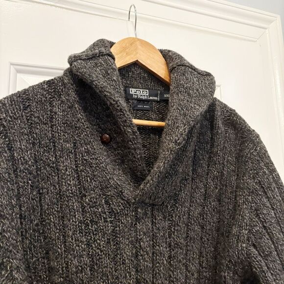 Ralph Lauren Polo Shawl collar Sweater XXL 100% Wool Grey Academia Winter Snow - Picture 3 of 8